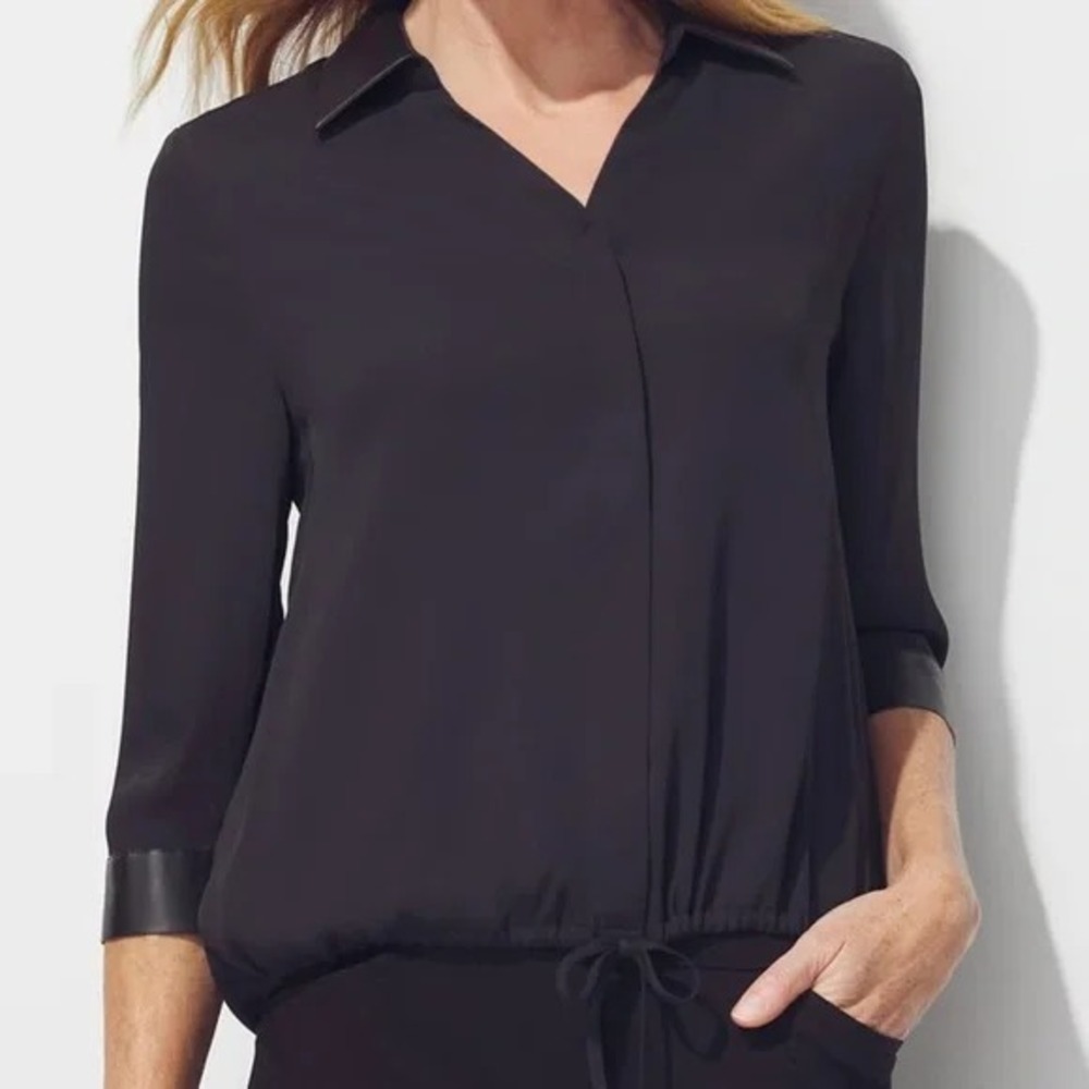Chico's Crepe &‎ Faux Leather Cinched Hem 3/4 Sleeves Button Blouse - Black Sz 0
